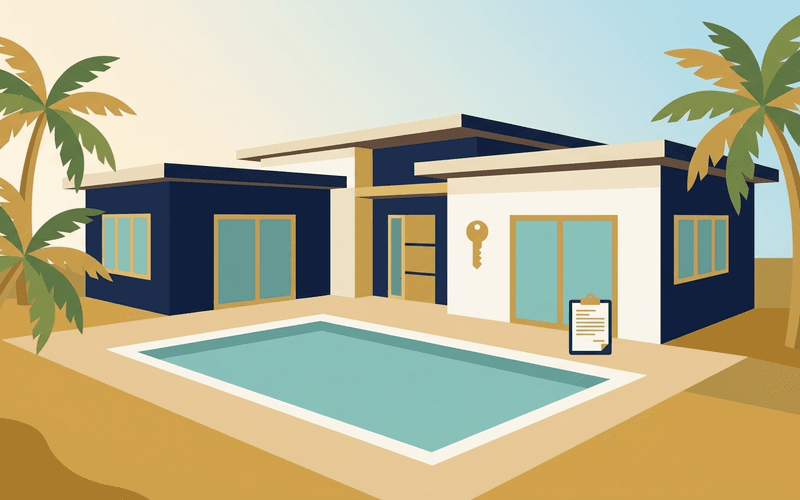 Stylized villa with pool and palm trees, Koh Samui